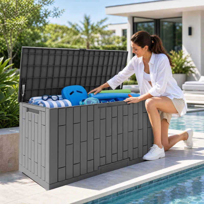 Outsunny Außen-Aufbewahrungsbox 379 L abschließbar mit Gasdruckfeder, Holzoptik, 122,5x56x62cm, Grau