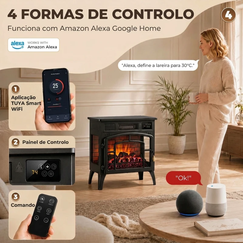 HOMCOM Lareira Elétrica 1000/2000 W com Efeito de Chama 3D Vista em 3 Lados Termóstato Wi-Fi 5 Cores e Temporizador 12 h Preta