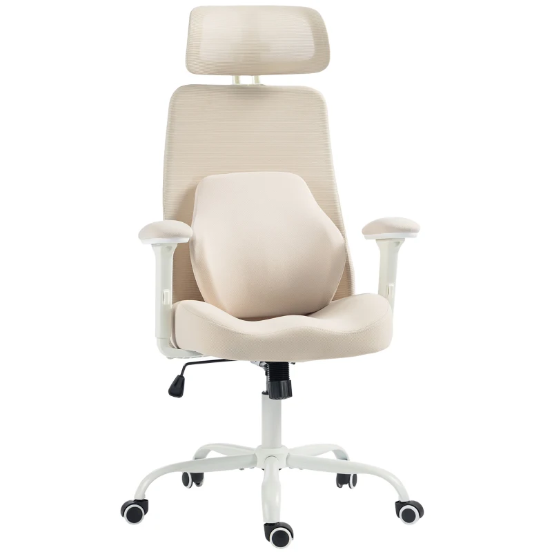 HOMCOM Ergonomischer Bürostuhl, Netz-Bürostuhl, Memory-Lendenstütze, verstellbare Armlehnen, Beige