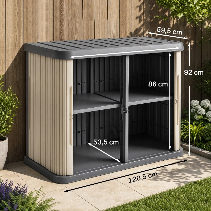 Outsunny Außen-Aufbewahrungsbox 480 L, 2 Ebenen mit Schiebetüren, UV-beständig, 120,5x59,5x92cm, Grau