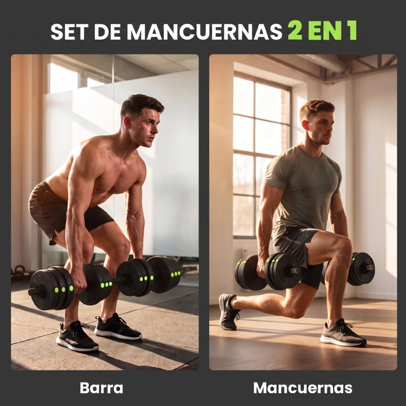 SPORTNOW Kit de Mancuernas 20kg 4 en 1 con Barra de Pesas Mango Antideslizante para Entrenamiento de Fuerza Negro Verde