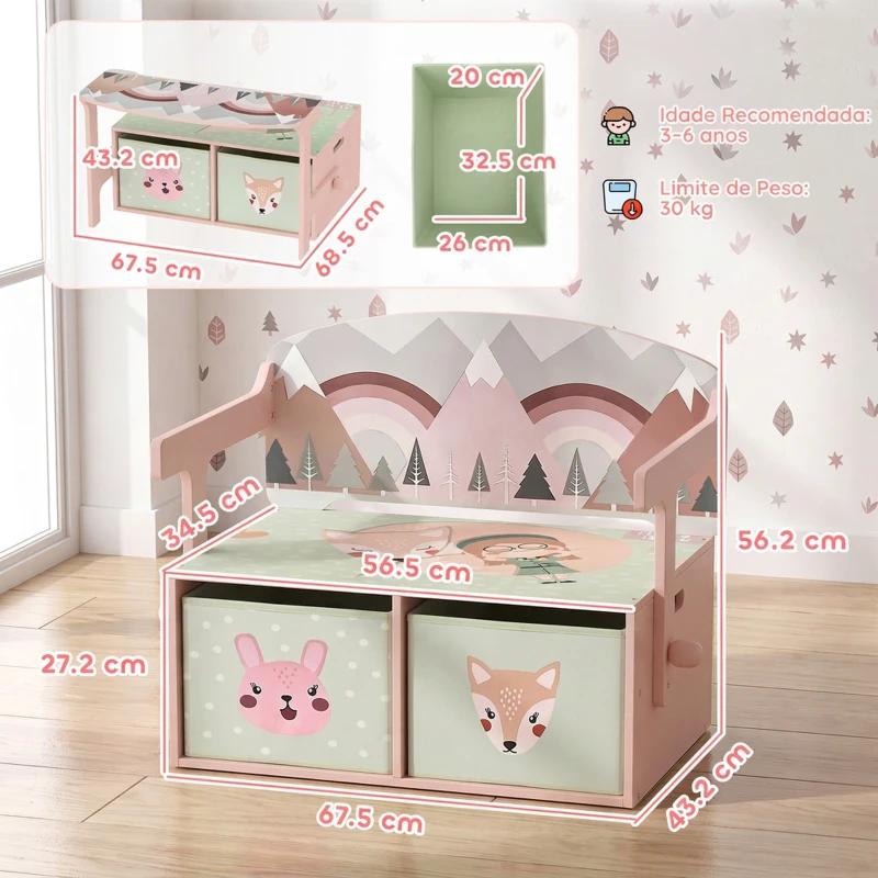AIYAPLAY 3 em 1 Banco Porta-Brinquedos para Crianças, Convertível em Mesa e Cadeira com 2 Caixas, Estampa Raposinha, Rosa