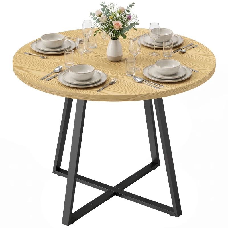 HOMCOM Mesa de comedor redonda para 4 personas Mesa de cocina redonda Estructura de acero 100cm Natural Negro
