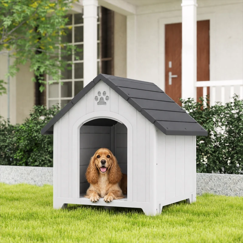 PawHut Außen-Hundehütte, Hundehütte aus wasserdichtem Polypropylen belüftet erhöhter Boden 66x55x65 cm hellgrau