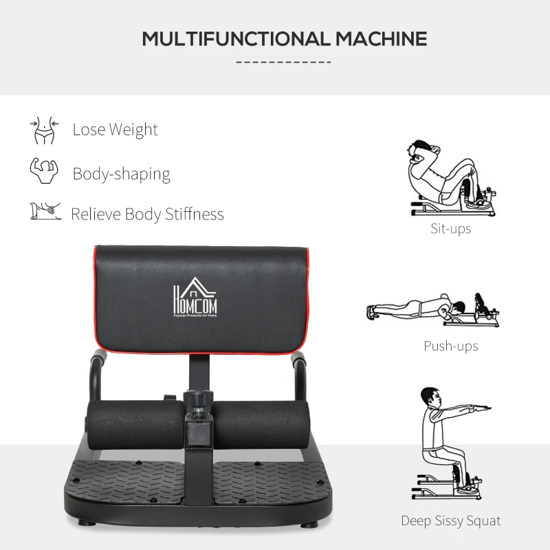 HOMCOM Sissy Squat Bench, Adjustable Squat Machine, Sit Up Machine with Push Up Stand, Leg Workout Trainer for Lower Body and Core Training, Home Gym Fitness Equipment, Black