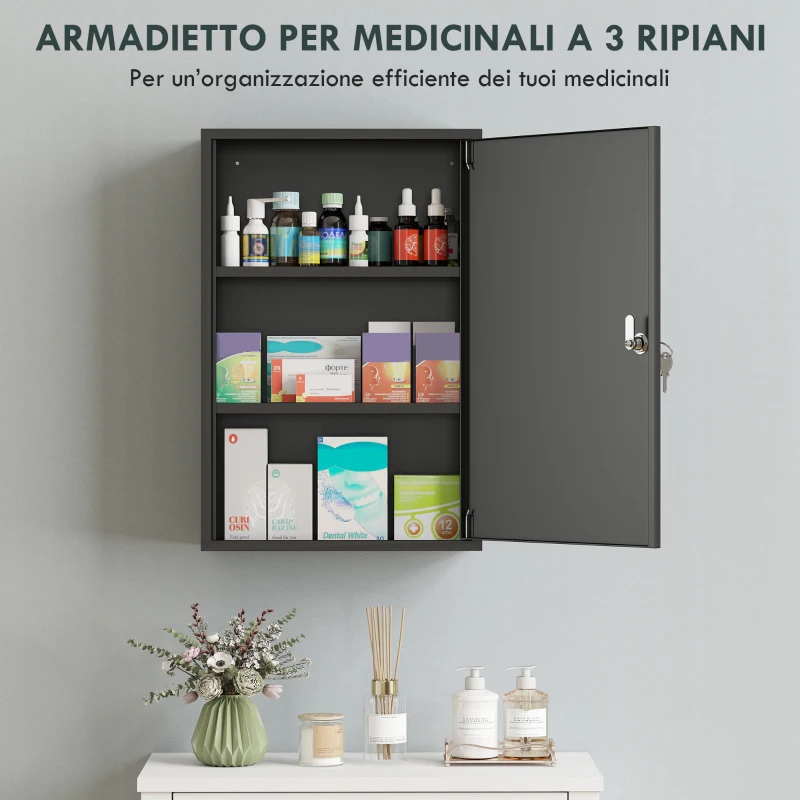 kleankin Armadietto Medicinali a 3 Livelli in Metallo con 2 Chiavi e Montaggio a Parete, 40x18x60 cm, Nero