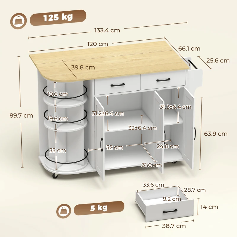 HOMCOM Insulă de Bucătărie cu 5 Roți Blat Extensibil 3 Rafturi Rotative 360° 2 Sertare 3 Uși Suport Prosoape Alb