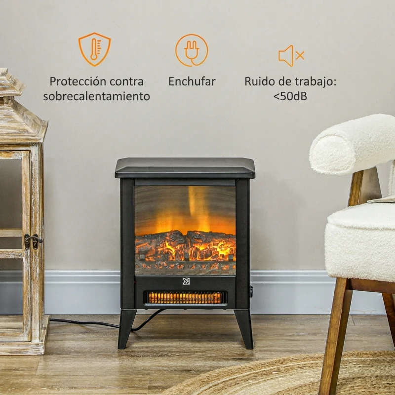 HOMCOM Chimenea Decorativa Independiente 1800W con Efecto de Llama LED Bajo Ruido Protección contra Sobrecalentamiento Negro