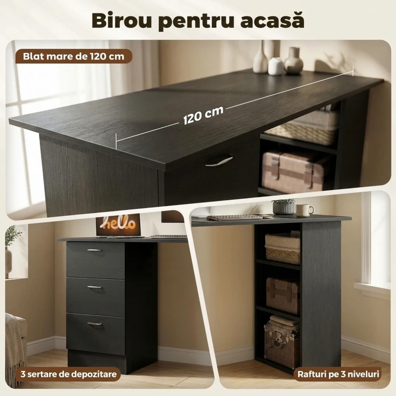 HOMCOM Birou PC cu 3 Rafturi și 3 Sertare pentru Cameră și Birou, din Lemn MDF, 120x49x72 cm, Negru(m-4)