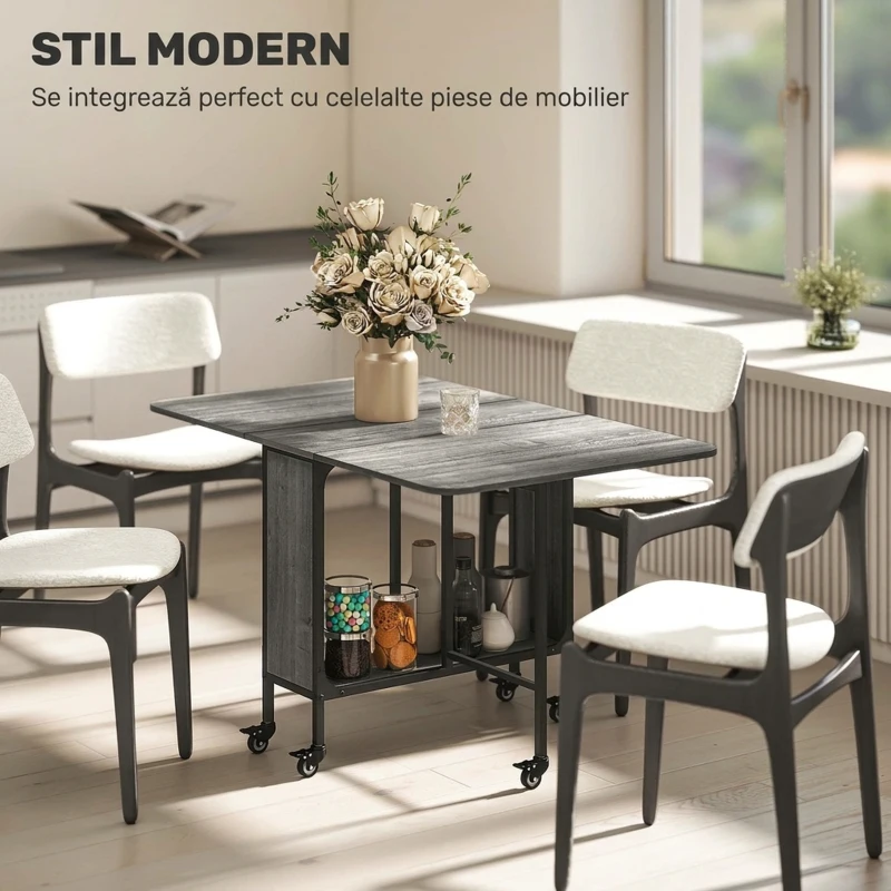 HOMCOM Masă de dining pliabilă pentru maximum 6 persoane, cu raft, din lemn și metal, 130x80x74 cm, gri