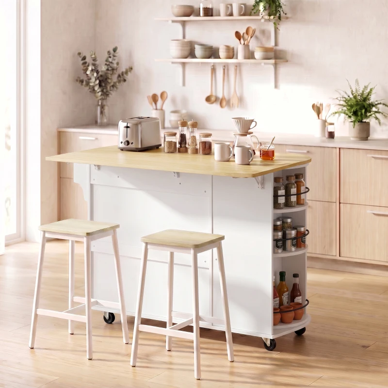 HOMCOM Isla de Cocina con 5 Ruedas Encimera Extensible 3 Estantes Giratorios 360° 2 Cajones 3 Puertas Toallero Blanco