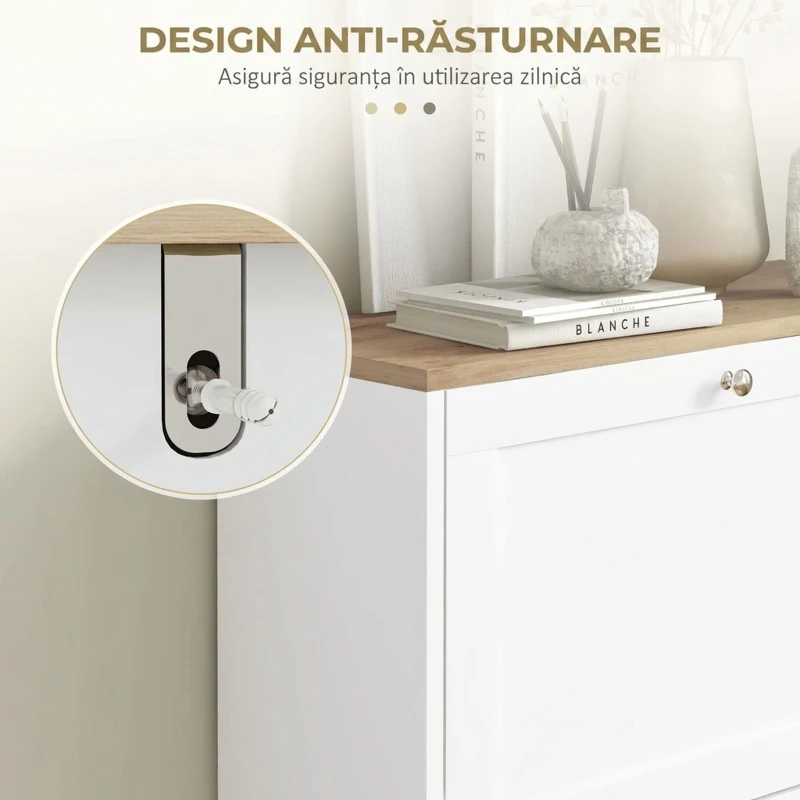 HOMCOM Pantofar Slim cu 2 Uși Rabatabile, Rafturi Reglabile și Detașabile, pentru 8-12 Perechi, 60x23,5x80 cm, Alb