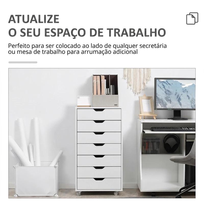 Vinsetto Gaveteiro de Escritório com 7 Gavetas e Rodas, Arquivo Vertical, 47,5x39,5x90 cm, Branco