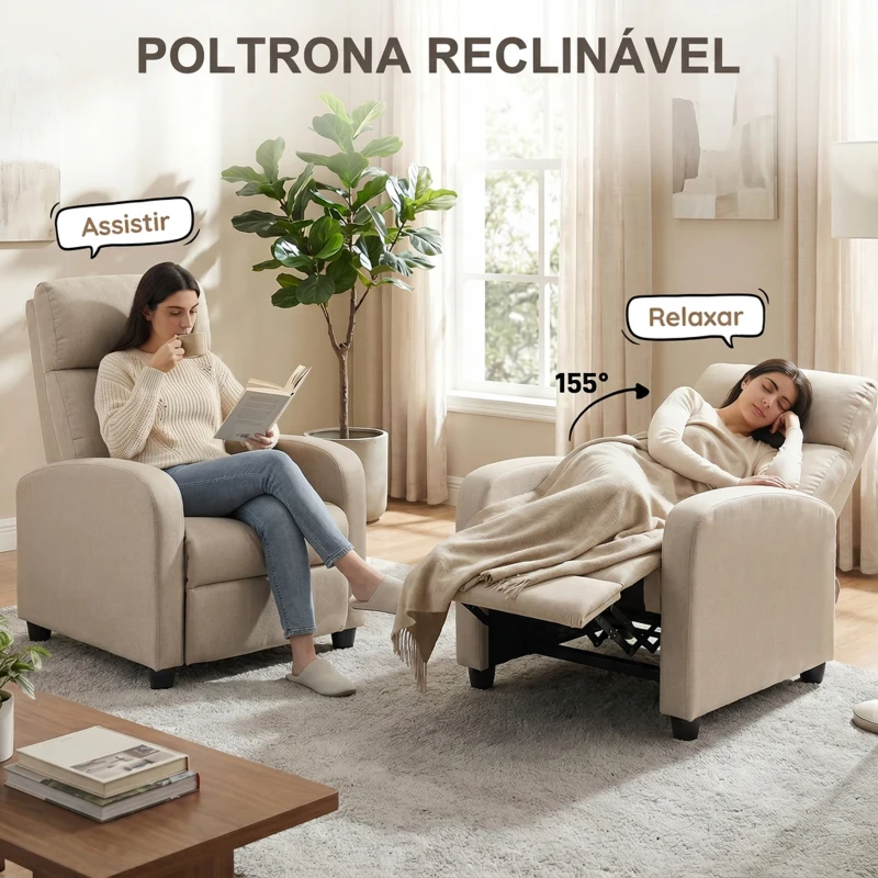HOMCOM Poltrona Relax Reclinável até 155° Poltrona Reclinável Manual para Pessoas com Altura Inferior 195 cm 67x87x98 cm Bege
