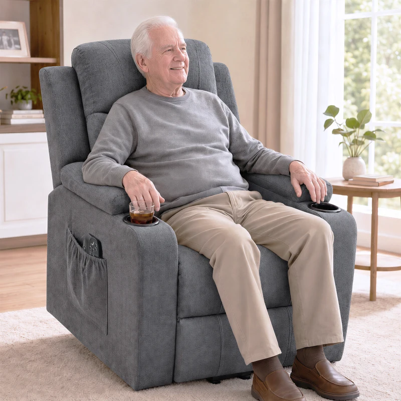 HOMCOM Riser Recliner Chair with Massage and Heat, Linen Electric Lift Armchair for Elderly with Spring Cushion, Dark Grey