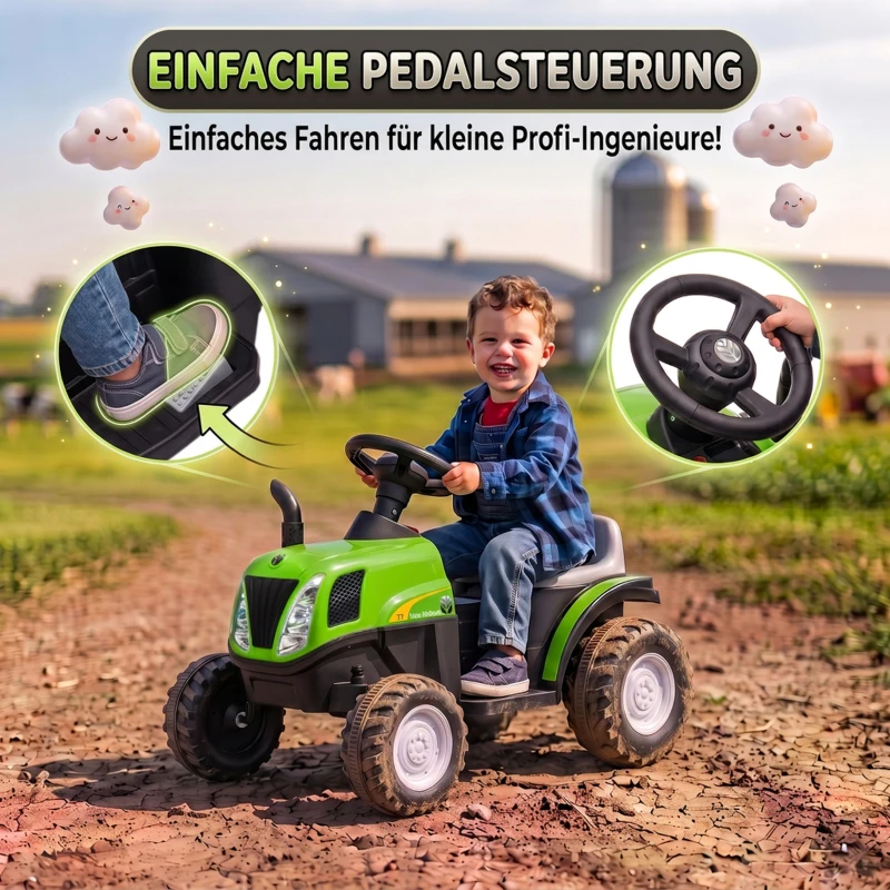 AIYAPLAY Elektryczny traktor dziecięcy z odłączaną przyczepką Traktor na siedzenie z akumulatorem litowym, pedałem nożnym, muzyką, klaksonem, światłem, Grün