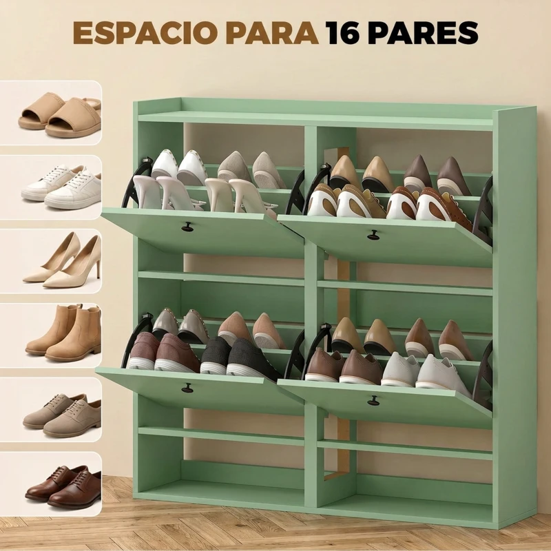 HOMCOM Zapatero Recibidor Entrada con 4 Cajones Abatibles y Estante Abierto Estantes Ajustables Encimera hasta 16 Pares Verde