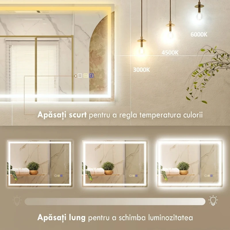HOMCOM Oglindă de baie anti-aburire cu lumină LED reglabilă, difuzor Bluetooth, butoane tactile, 50x70 cm