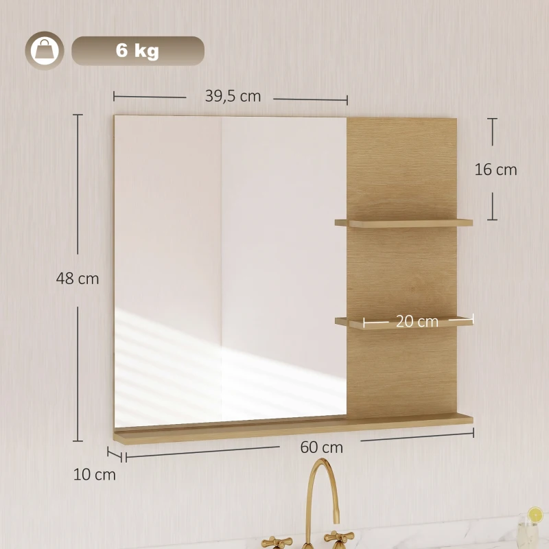 Kleankin Espejo de Baño con 3 Repisas Portaobjetos para Maquillaje, Rovere