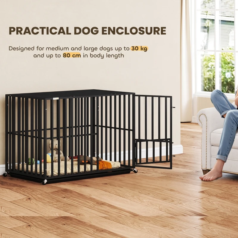 PawHut Heavy Duty Dog Crate, Dog Cage with Wheels for Medium Large Breeds, Metal Pet Kennel with Removable Tray
