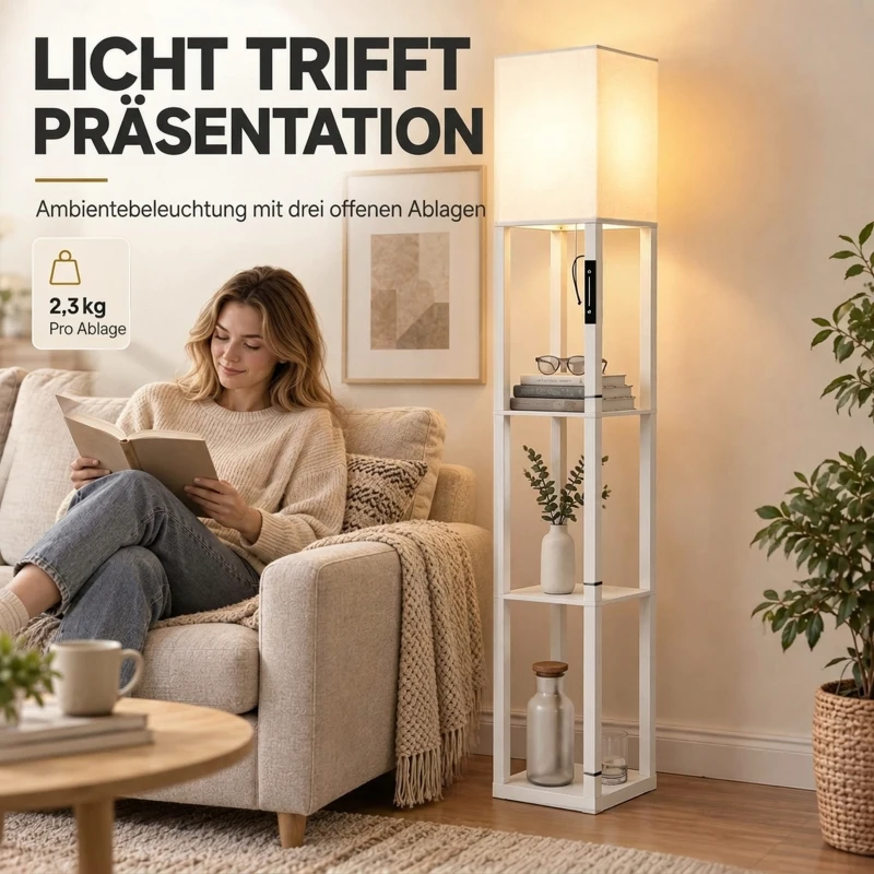 HOMCOM Vloerlamp met planken, moderne dimbare staande lamp met stoffen kap, instelbare kleurtemperatuur, wit