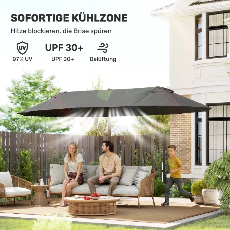Outsunny Doppelsonnenschirm 455 x 265 cm, UV Schutz Sonnenschirm mit Handkurbel, Balkonschirm windfest Kurbelschirm Sonnenschutz für Balkon Garten, Grau