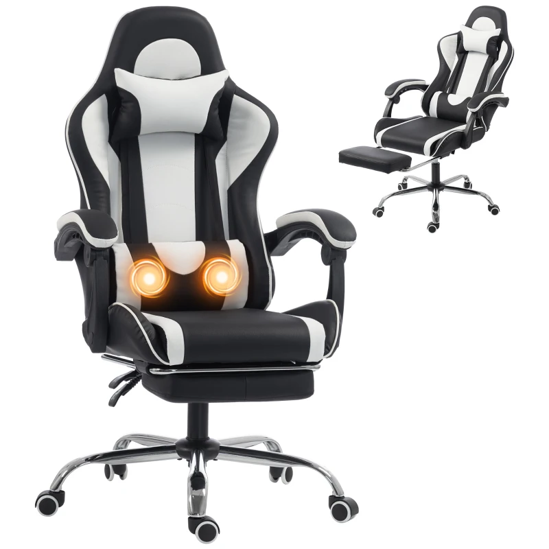 HOMCOM Ergonomischer Massierender Gaming-Stuhl mit verstellbarem Lendenkissen, Kunstleder, Fußstütze, Weiß