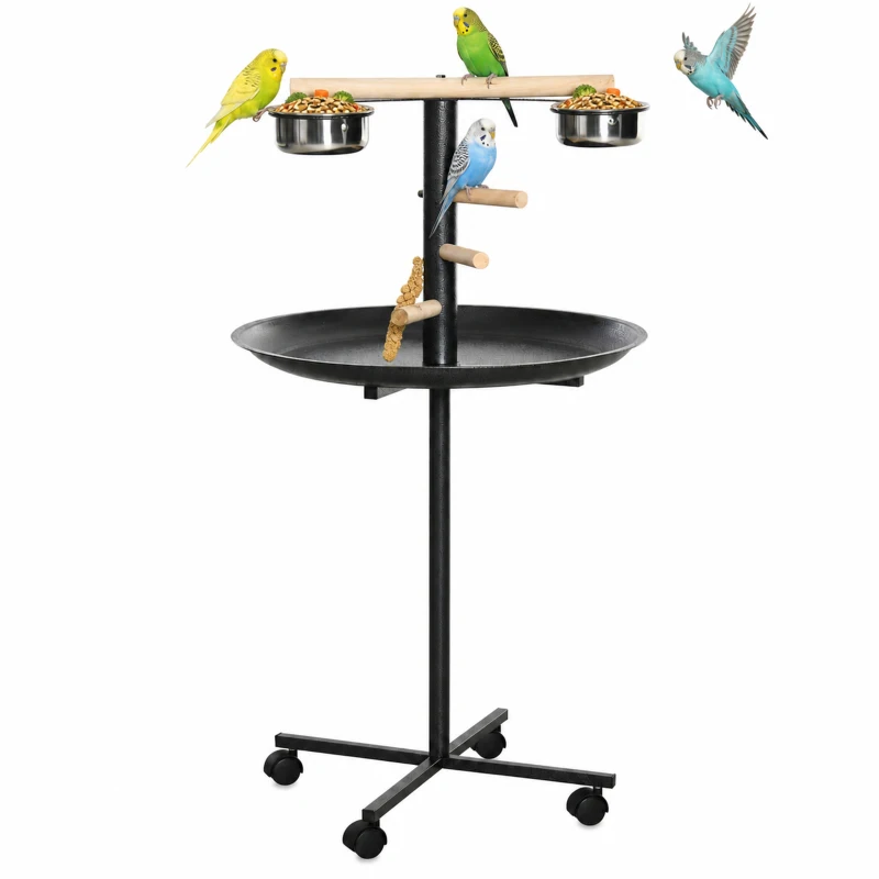 PawHut Vogelspielständer, tragbare Papageien-Sitzstange mit vier Rädern, Edelstahlschalen rundem Tablett