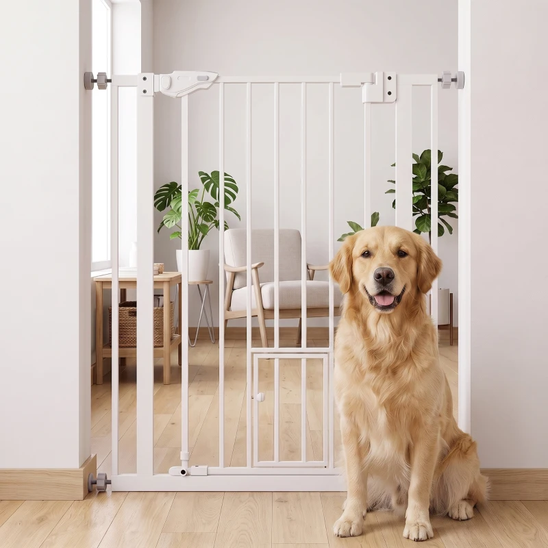 PawHut Extra Tall Pet Gate, Indoor Dog Safety Gate, with Cat Flap, Auto Close, 74-80cm Wide - White