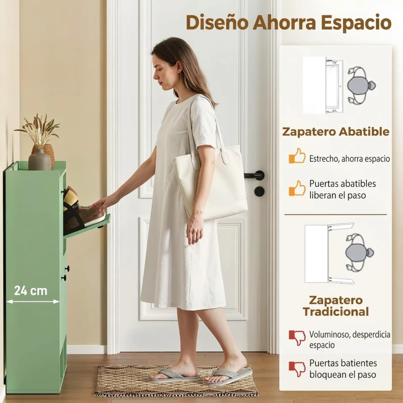 HOMCOM Zapatero Recibidor Entrada con 4 Cajones Abatibles y Estante Abierto Estantes Ajustables Encimera hasta 16 Pares Verde