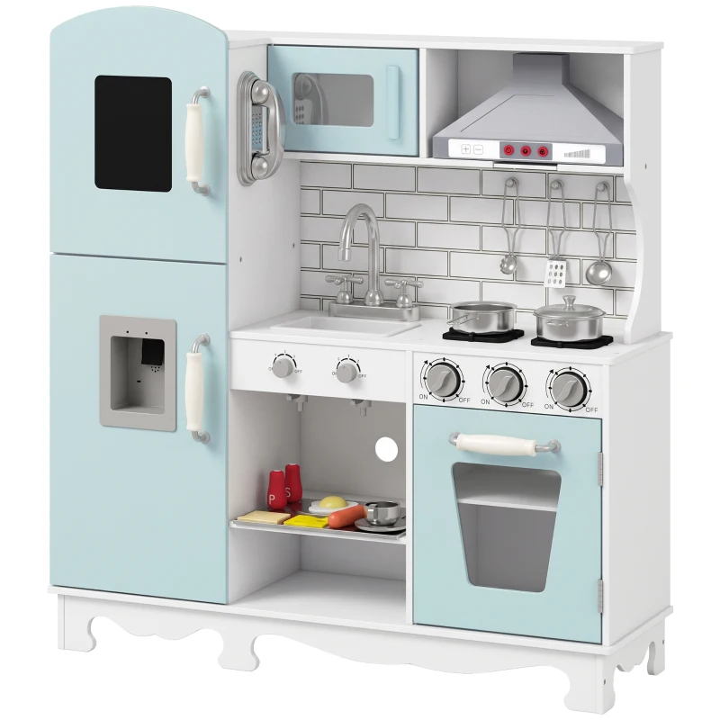 AIYAPLAY Cozinha de Madeira com Luzes e Sons, Exaustor, Dispensador de Água, Máquina de Café, Frigorífico e Forno