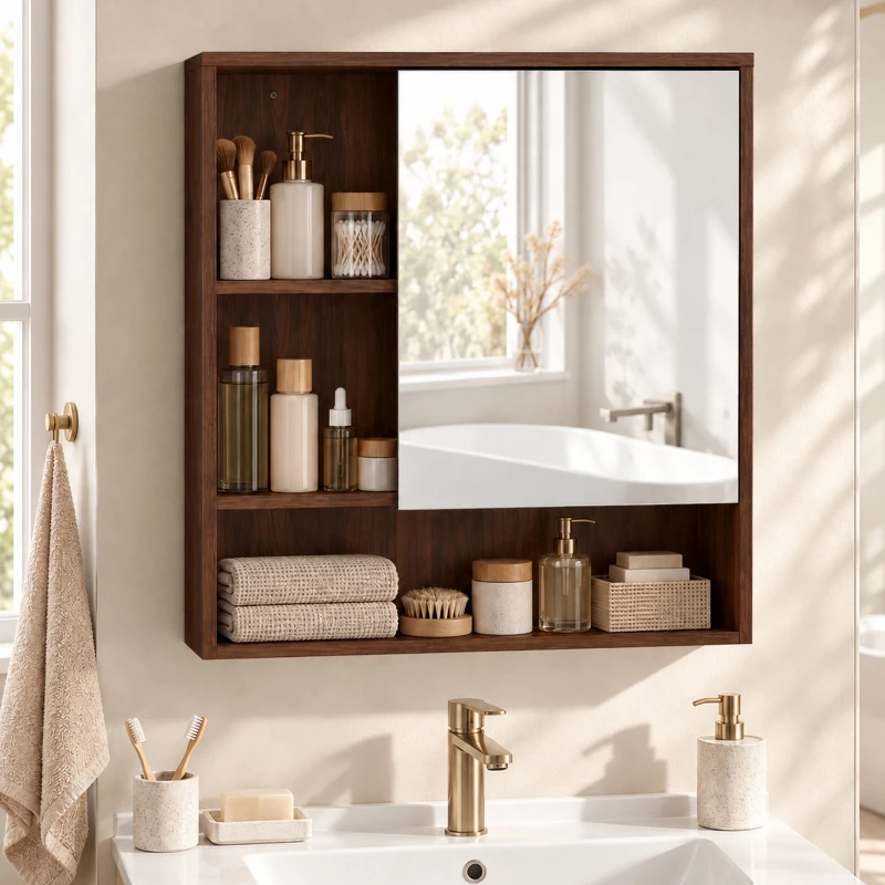HOMCOM Bathroom Mirror Cabinet, Wall-Mounted Bathroom Cabinet with Mirror Door, Adjustable Shelves, Walnut Brown
