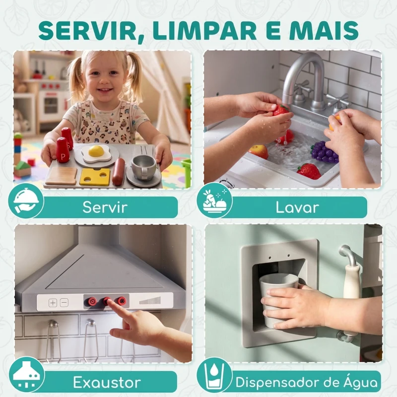 AIYAPLAY Cozinha de Madeira com Luzes e Sons, Exaustor, Dispensador de Água, Máquina de Café, Frigorífico e Forno