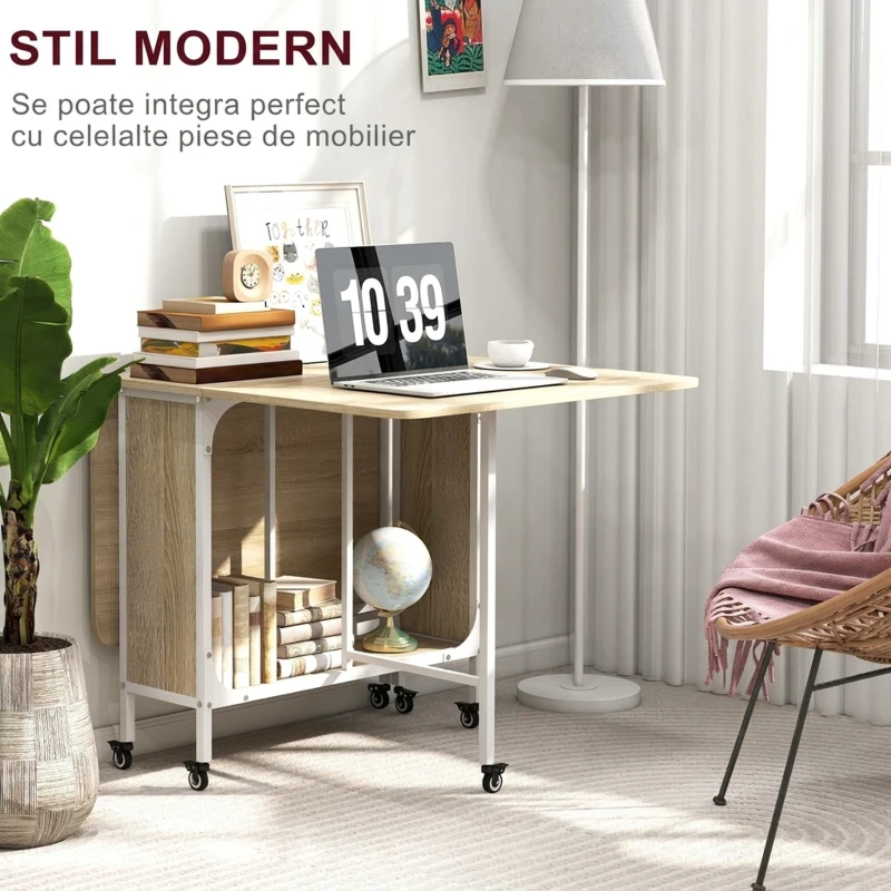 HOMCOM Masă de Dining Pliabilă pentru 6 Persoane, cu Raft, din Lemn și Metal, 130x80x74 cm, Alb și Culoare Lemn