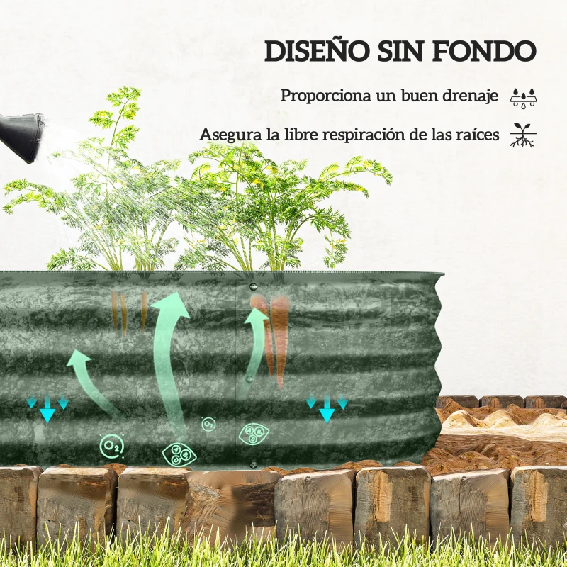 Outsunny Jardinera Exterior Grande de Acero Galvanizado con Base Abierta Bordes de Seguridad Fácil Montaje 150x62x30 cm Verde