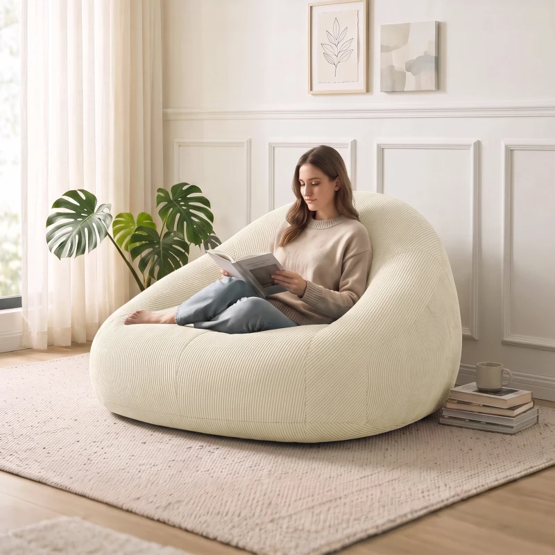 HOMCOM Puf para Adultos en Terciopelo Acanalado, Acolchado en Espuma, Forma Envolvente, Sin Montaje, 114x121x60cm, Crema