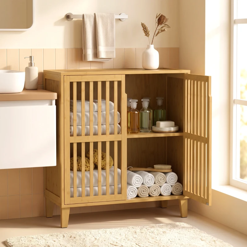 HOMCOM Mobiletto Bagno Stretto in Bambù con Ripiano Regolabile, Naturale
