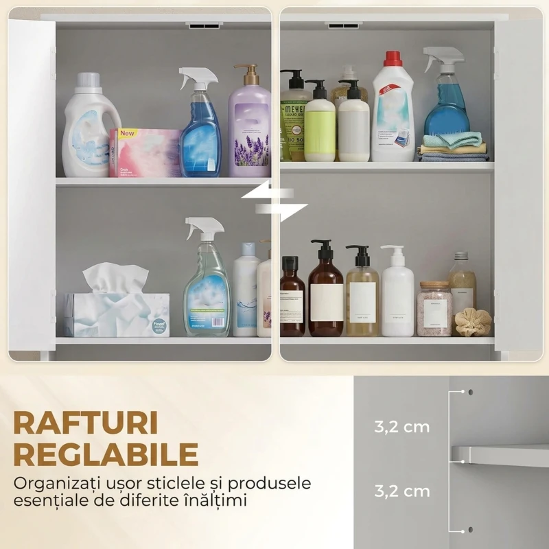 HOMCOM Dulap de Baie Înalt cu Rafturi Reglabile, Alb Lucios