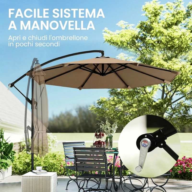 Outsunny Ombrellone a Sbalzo Ø3 m con Base a Croce e Manovella, in Metallo, PP e Poliestere, Cachi