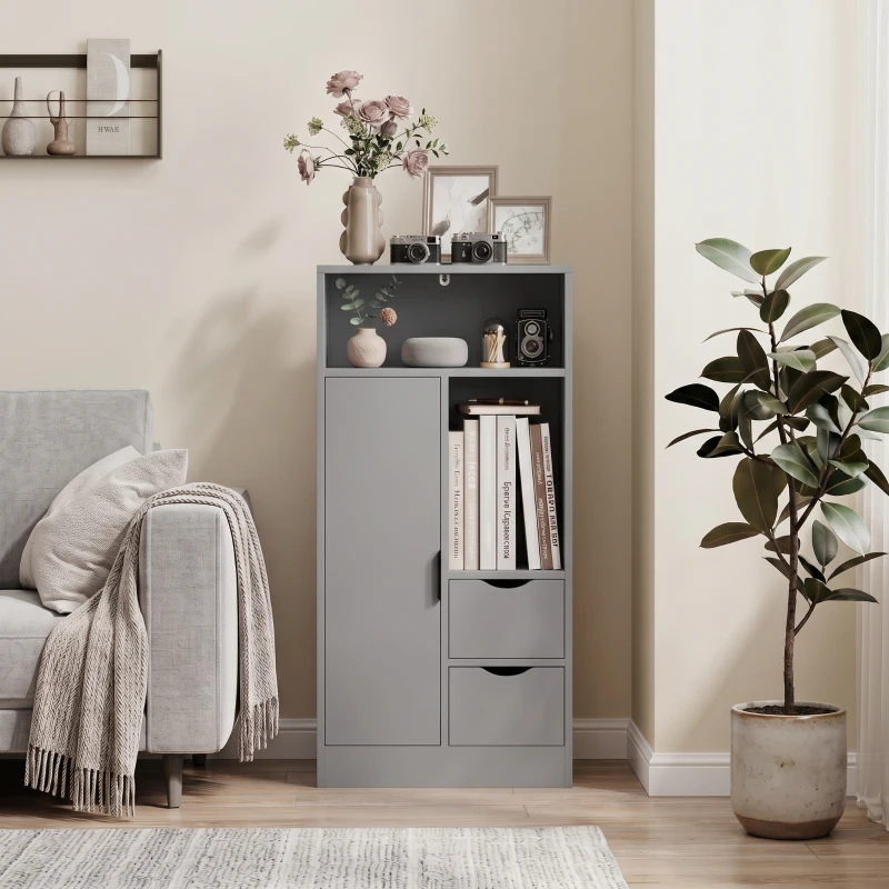 HOMCOM Mueble de baño, mueble de almacenamiento estrecho con 2 cajones, compartimentos abiertos, 50x25x100 cm, gris