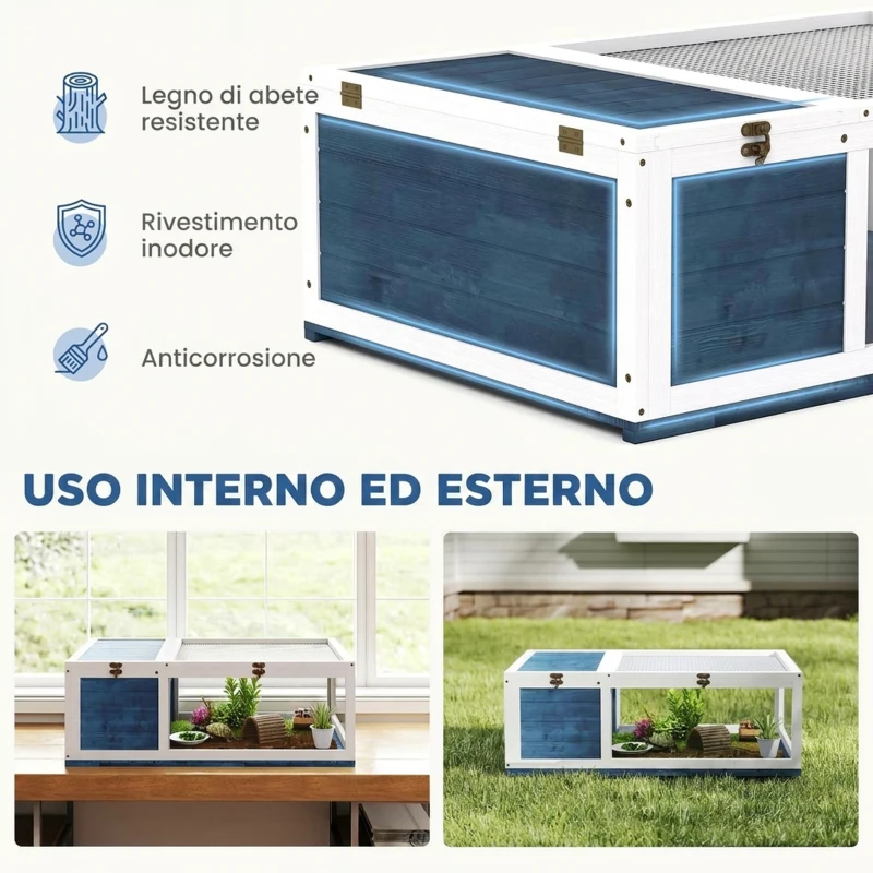 PawHut Casa per Tartarughe di Terra in Legno di Abete con Pannello Apribile e 2 Spazi Separati, Blu