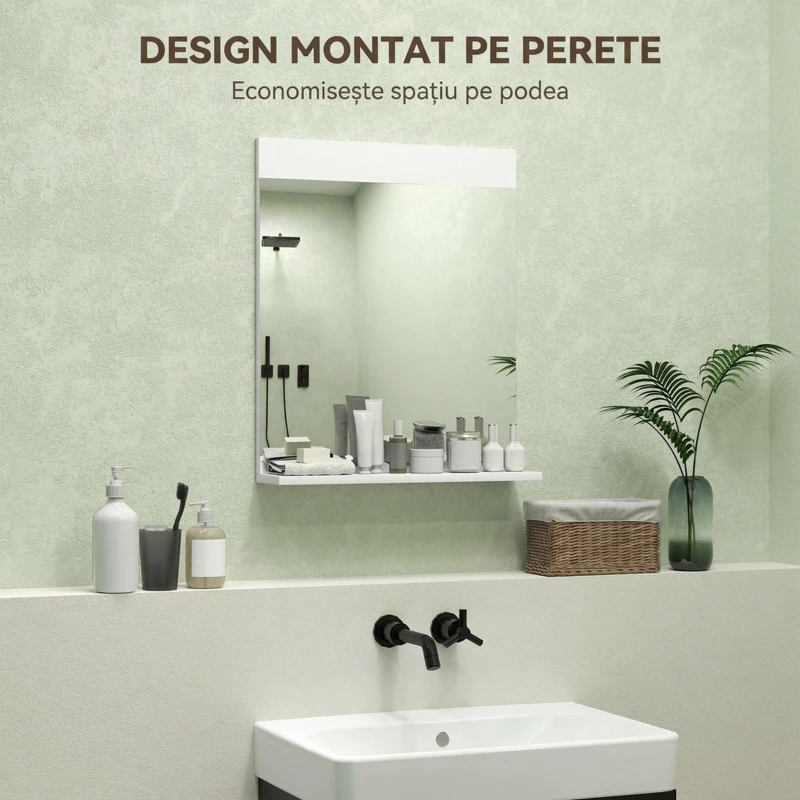 HOMCOM Oglindă de baie de perete modernă cu raft pentru depozitare, din sticlă și MDF, 50x12x60 cm, alb