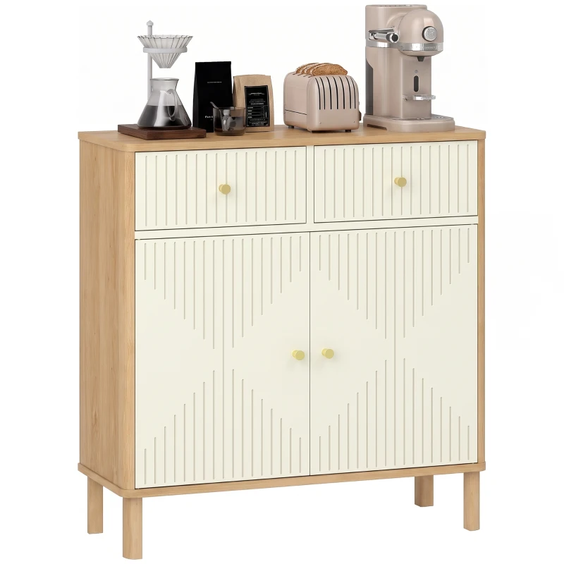 HOMCOM Bufet, corp de depozitare canelat cu blat cu aspect de stejar, 2 sertare, 2 uși, poliță reglabilă, 77x30x80cm, crem