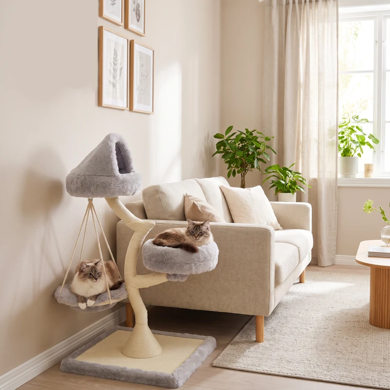 PawHut Rascador de 115 cm con diseño arbóreo, 2 camas lavables, hamaca y poste rascador de sisal, para gatos de hasta 6 kg