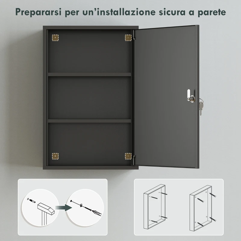 kleankin Armadietto Medicinali a 3 Livelli in Metallo con 2 Chiavi e Montaggio a Parete, 40x18x60 cm, Nero