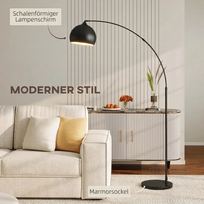 HOMCOM Booglamp, vloerlamp, hoogte verstelbaar, voetschakelaar, voet in marmerlook, 170-180 cm, zwart