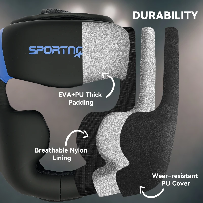 SPORTNOW Boxing Headguard w/ Adjustable Strap for Sparring, Kickboxing, MMA, Blue/Black