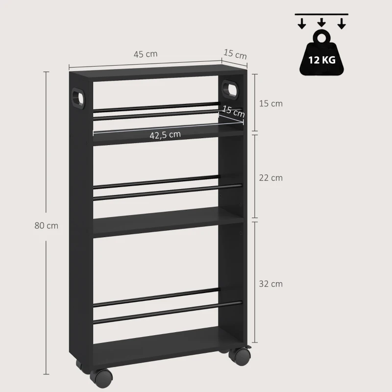 HOMCOM Carrinho Porta-objetos 3 Prateleiras com Rodas em Metal Preto