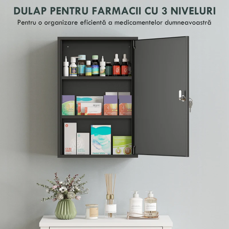 kleankin Dulap pentru Medicamente cu 3 Niveluri din Metal, cu 2 Chei și Montare pe Perete, 40x18x60 cm, Negru