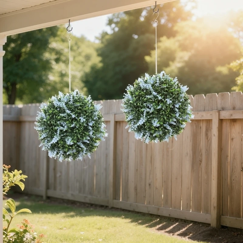 HOMCOM Set of 2 Artificial Plant Topiary Balls, UV-protected Fake Decorative Plants, Blue